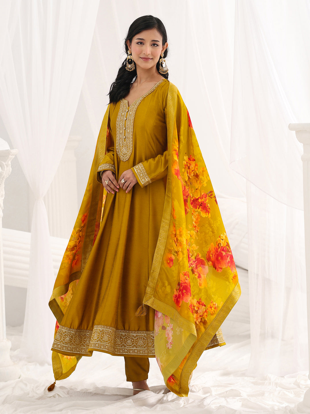  Mustard Embroidered Silk Blend A-Line Suit Set With Dupatta 