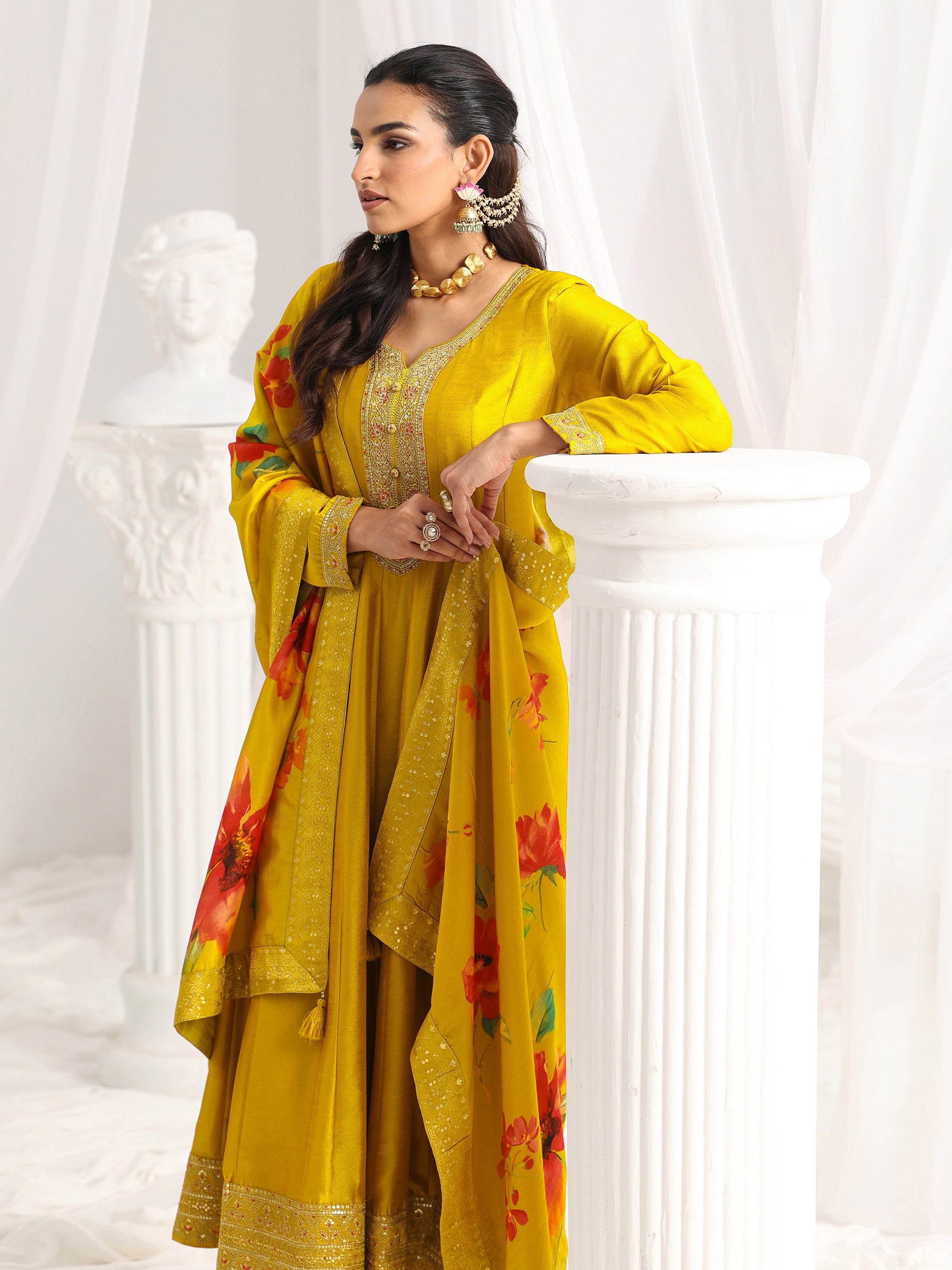 Mustard Embroidered Silk Blend A-Line Suit Set With Dupatta-image-37