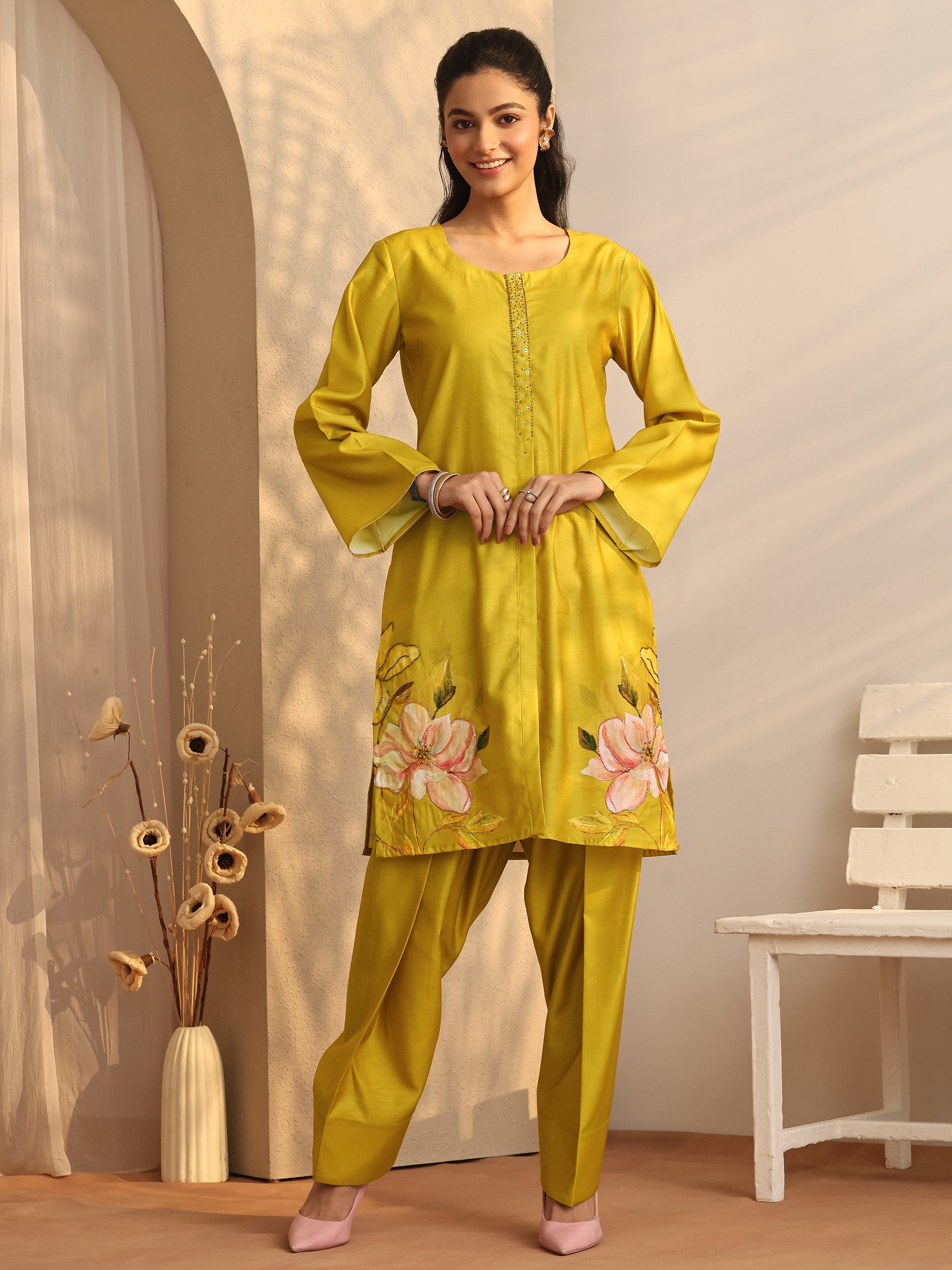 libas Mustard Embroidered Silk Blend Co-Ord Sets-picture-44