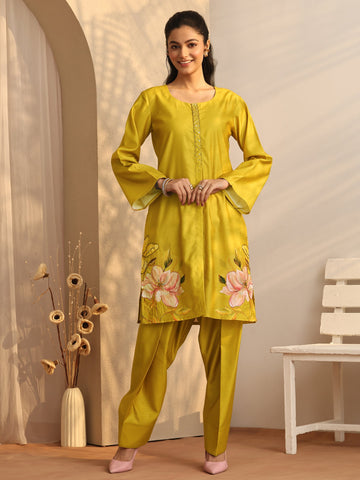 Mustard Embroidered Silk Blend Co-Ord Sets