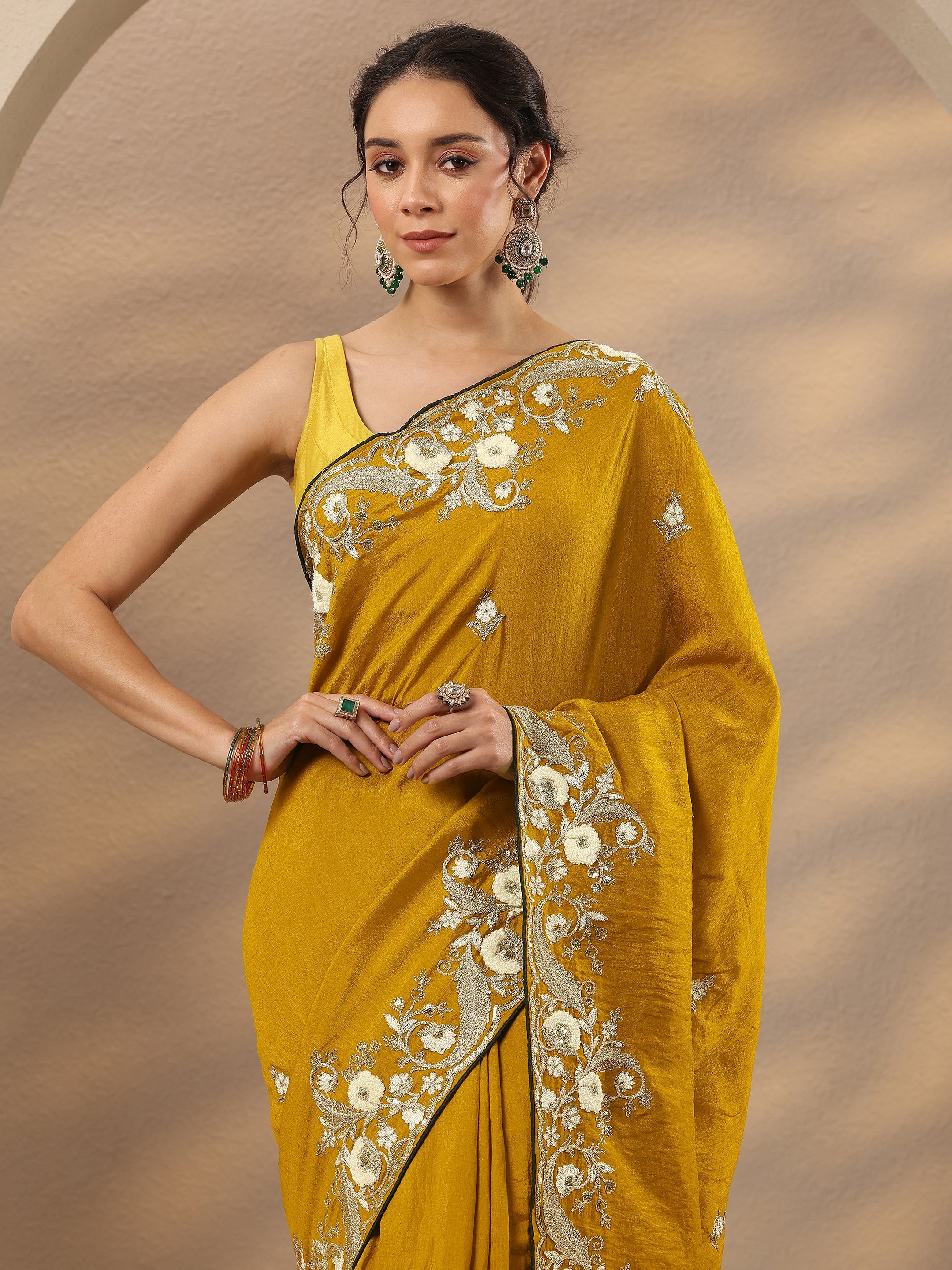 libas Mustard Embroidered Silk Blend Saree With Unstitched Blouse Piece-picture-42