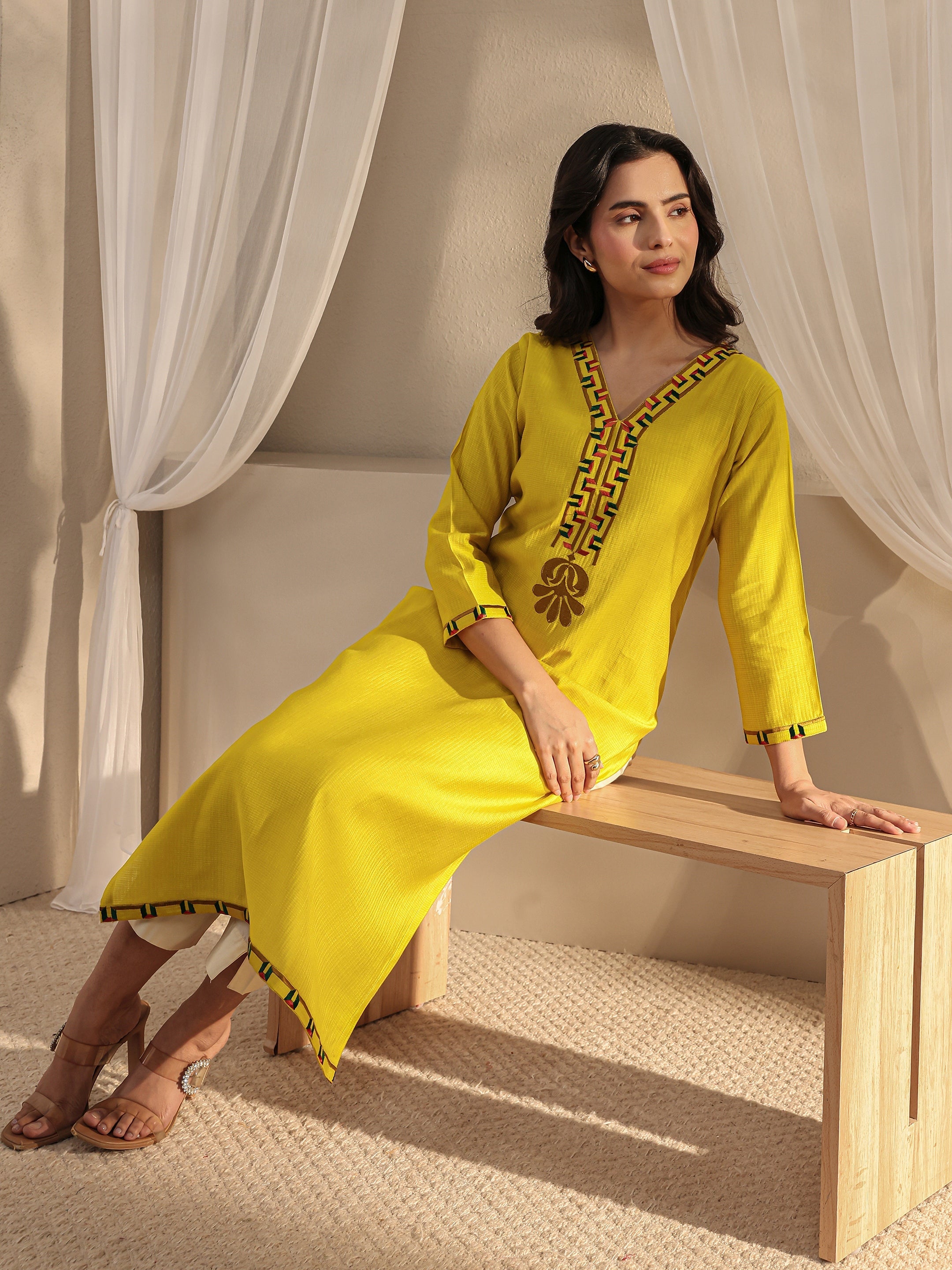 libas Mustard Embroidered Silk Blend Straight Kurta-picture-12