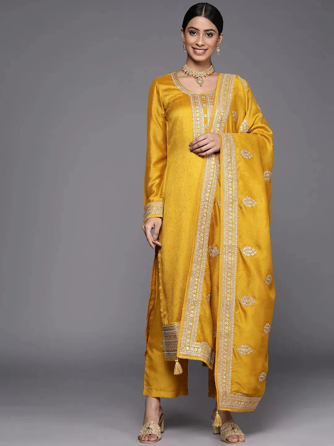 Mustard Embroidered Silk Blend Straight Suit Set - Libas