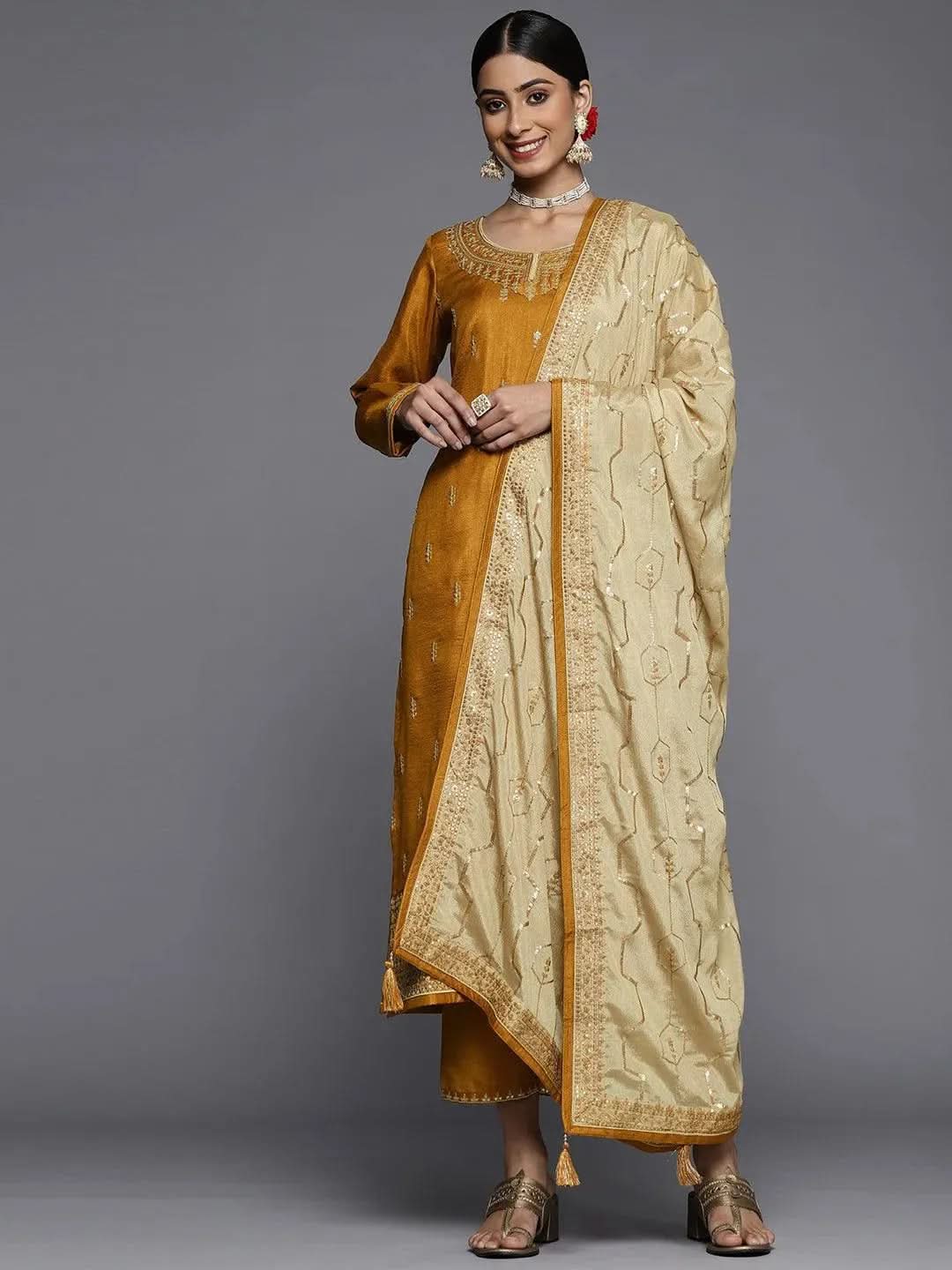 Plus Size Red Embroidered Silk Blend Straight Kurta With Trousers & Dupatta