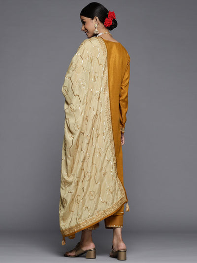 Mustard Embroidered Silk Blend Straight Suit Set - Libas