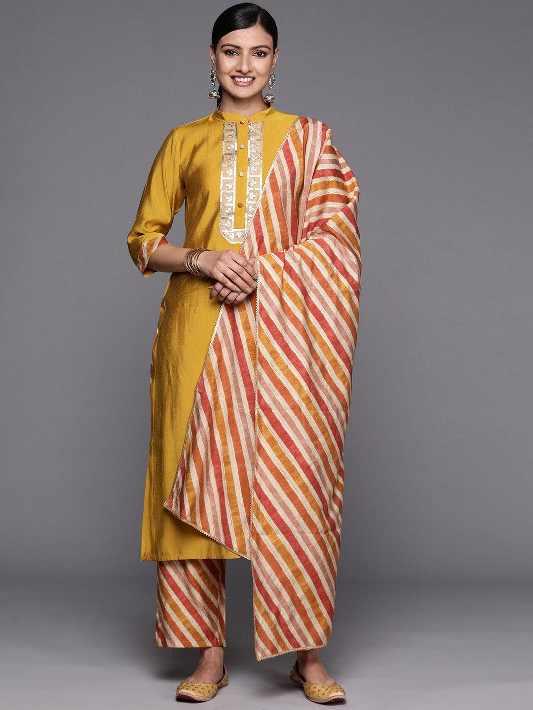 Mustard Embroidered Silk Blend Straight Kurta With Trousers & Dupatta
