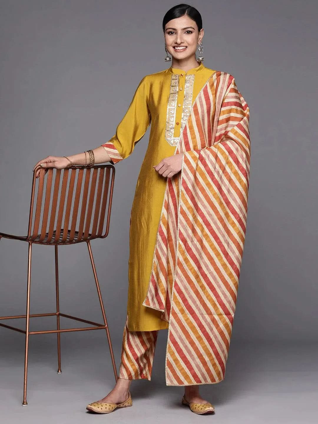 Mustard Embroidered Silk Blend Straight Suit Set With Trousers - Libas 