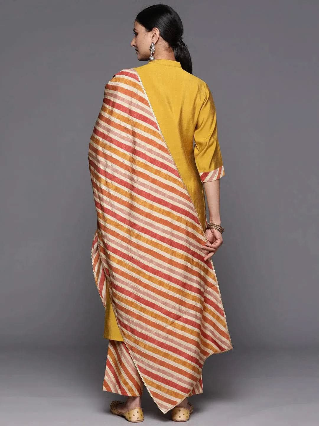 Mustard Embroidered Silk Blend Straight Suit Set With Trousers - Libas 