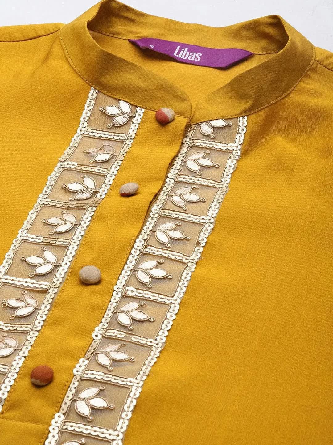Mustard Embroidered Silk Blend Straight Suit Set With Trousers - Libas 