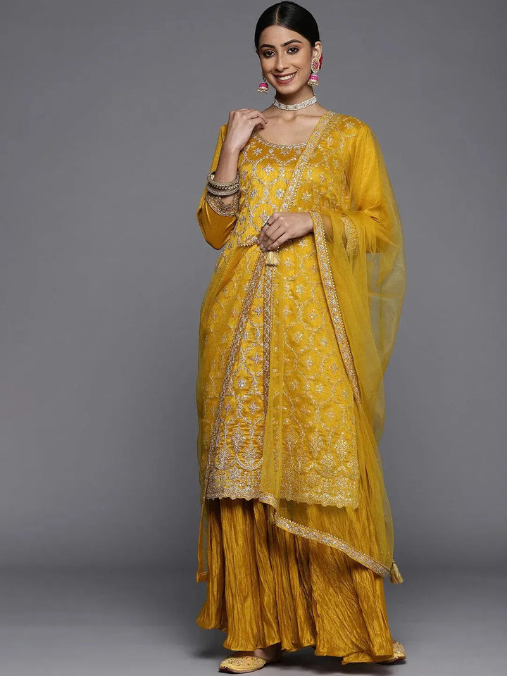 Mustard Embroidered Silk Blend Straight Suit Set - Libas