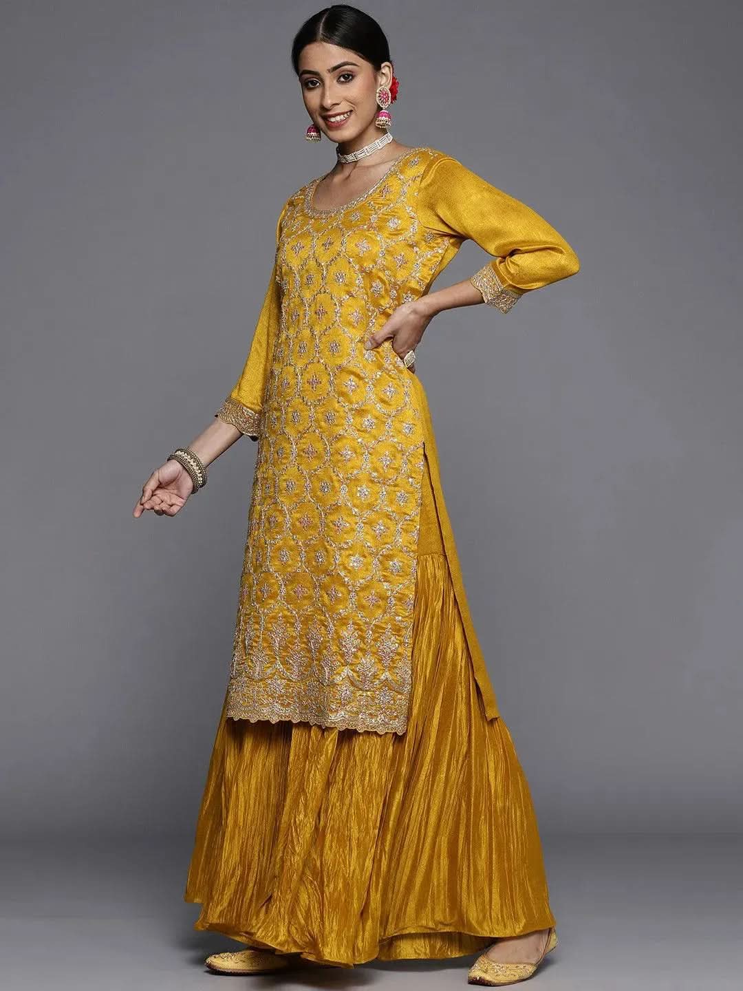 Ishin Women's Mustard Yellow Embroidered Kurta Sharara Dupatta Set - Cotton Blend, A-Line, Medium