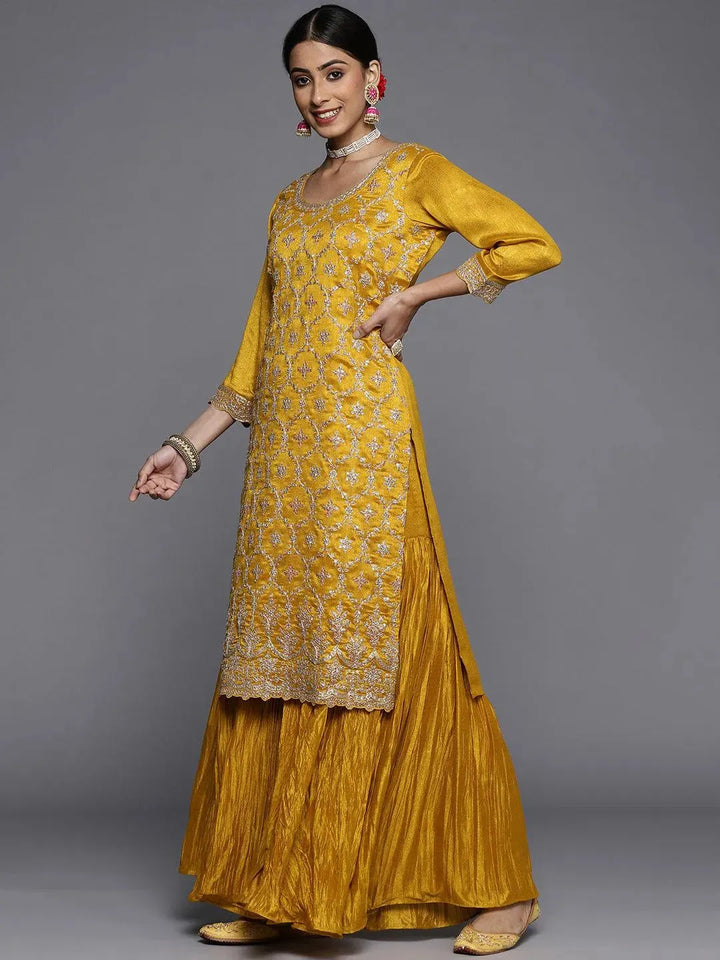 Mustard Embroidered Silk Blend Straight Suit Set - Libas