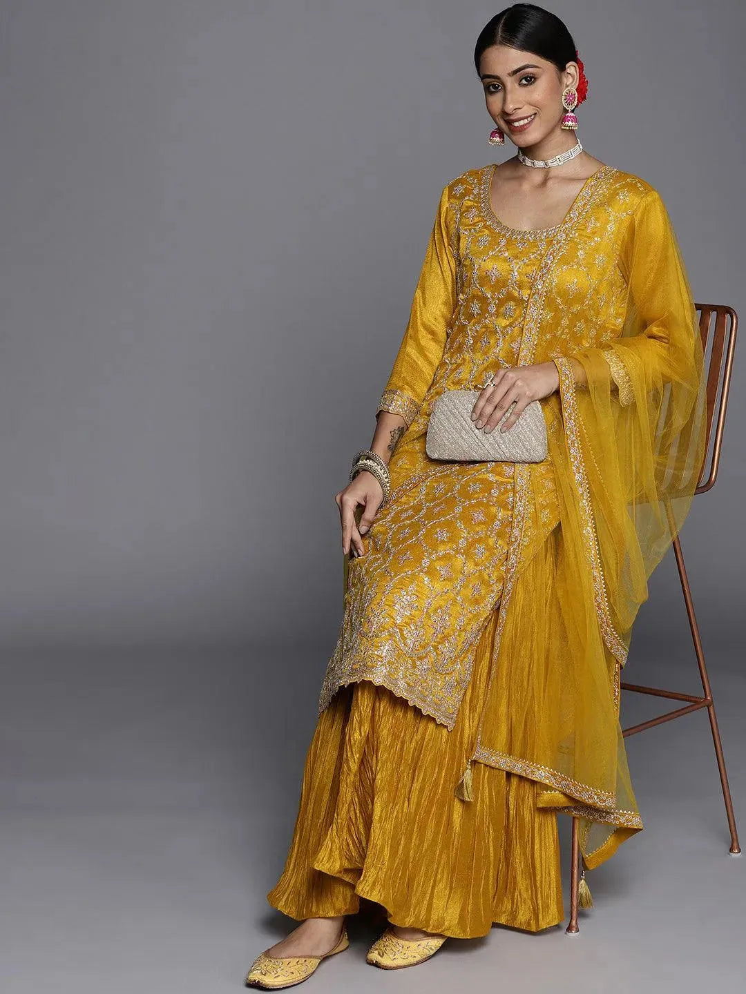 Mustard Embroidered Silk Blend Straight Suit Set - Libas 