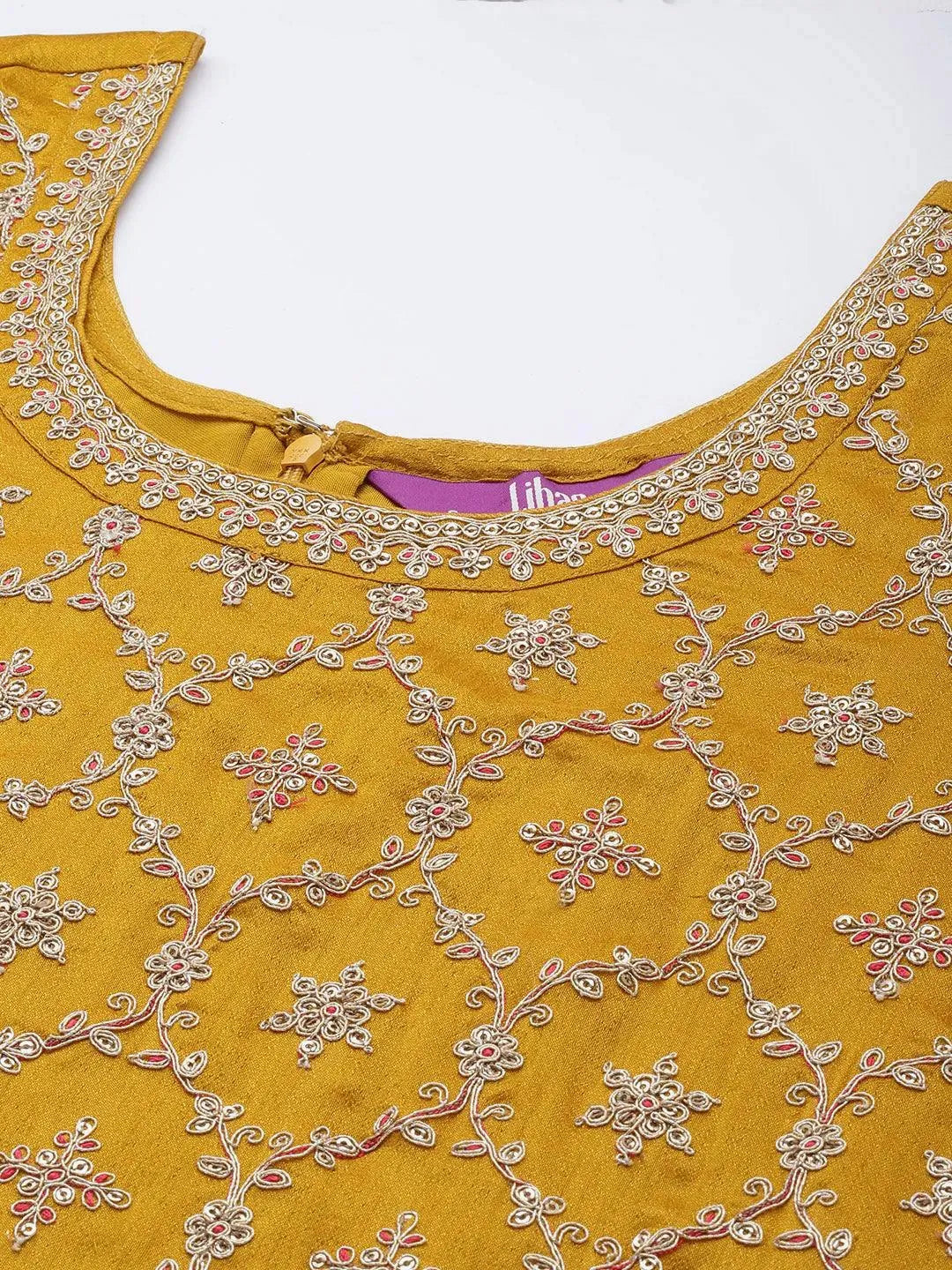 Mustard Embroidered Silk Blend Straight Suit Set - Libas 