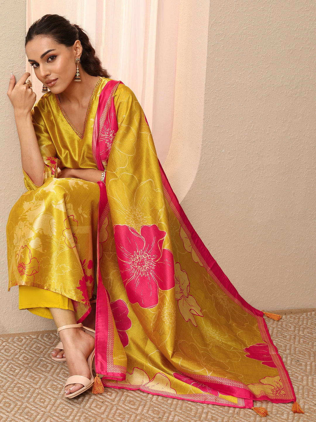 Mustard Embroidered Silk Blend Straight Suit Set With Dupatta