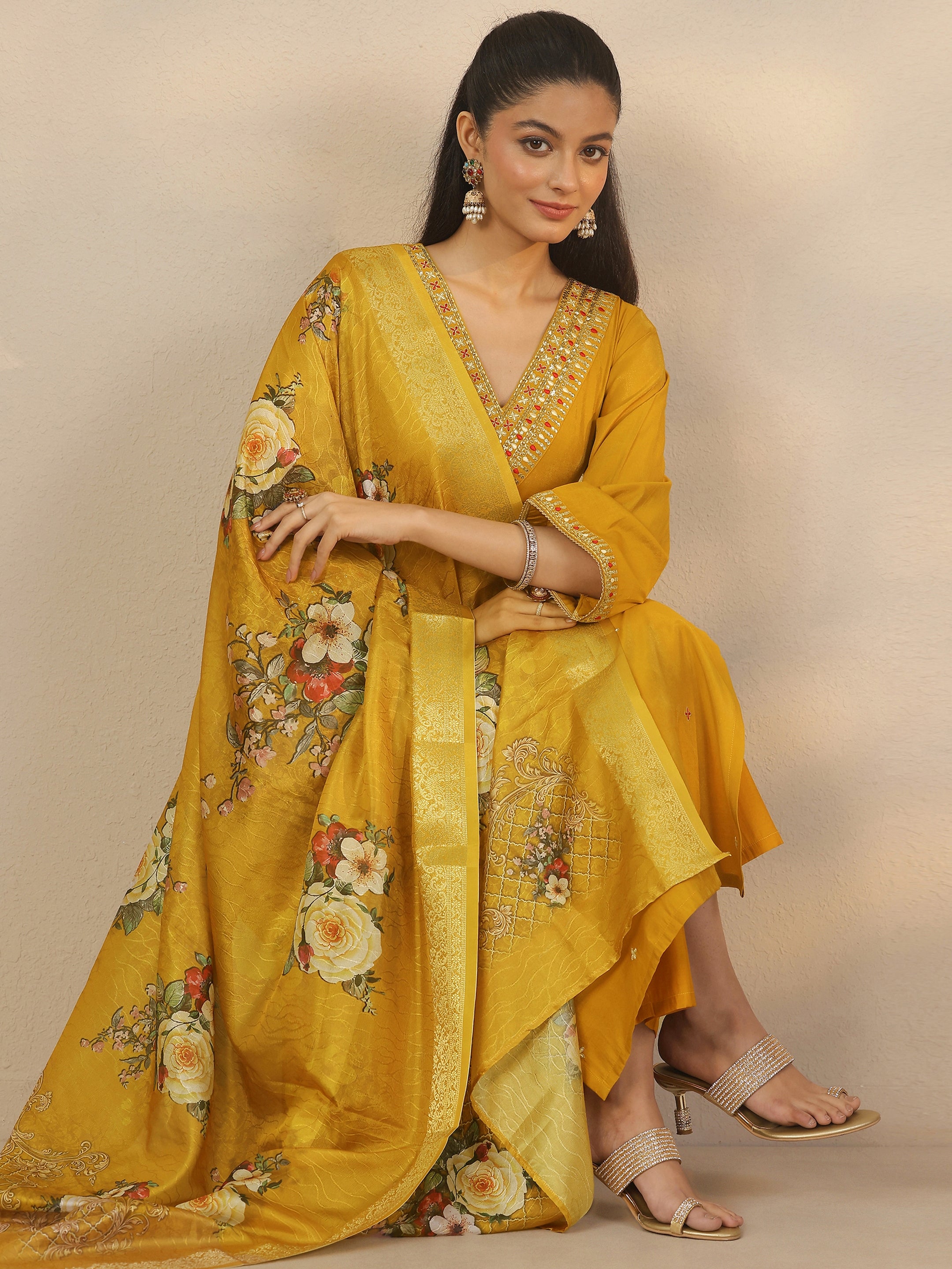 libas Mustard Embroidered Silk Blend Straight Suit Set With Dupatta-picture-14