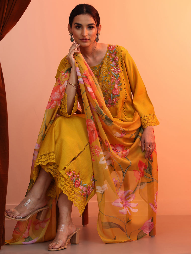 Libas Mustard Embroidered Silk Blend Straight Suit Set With Dupatta