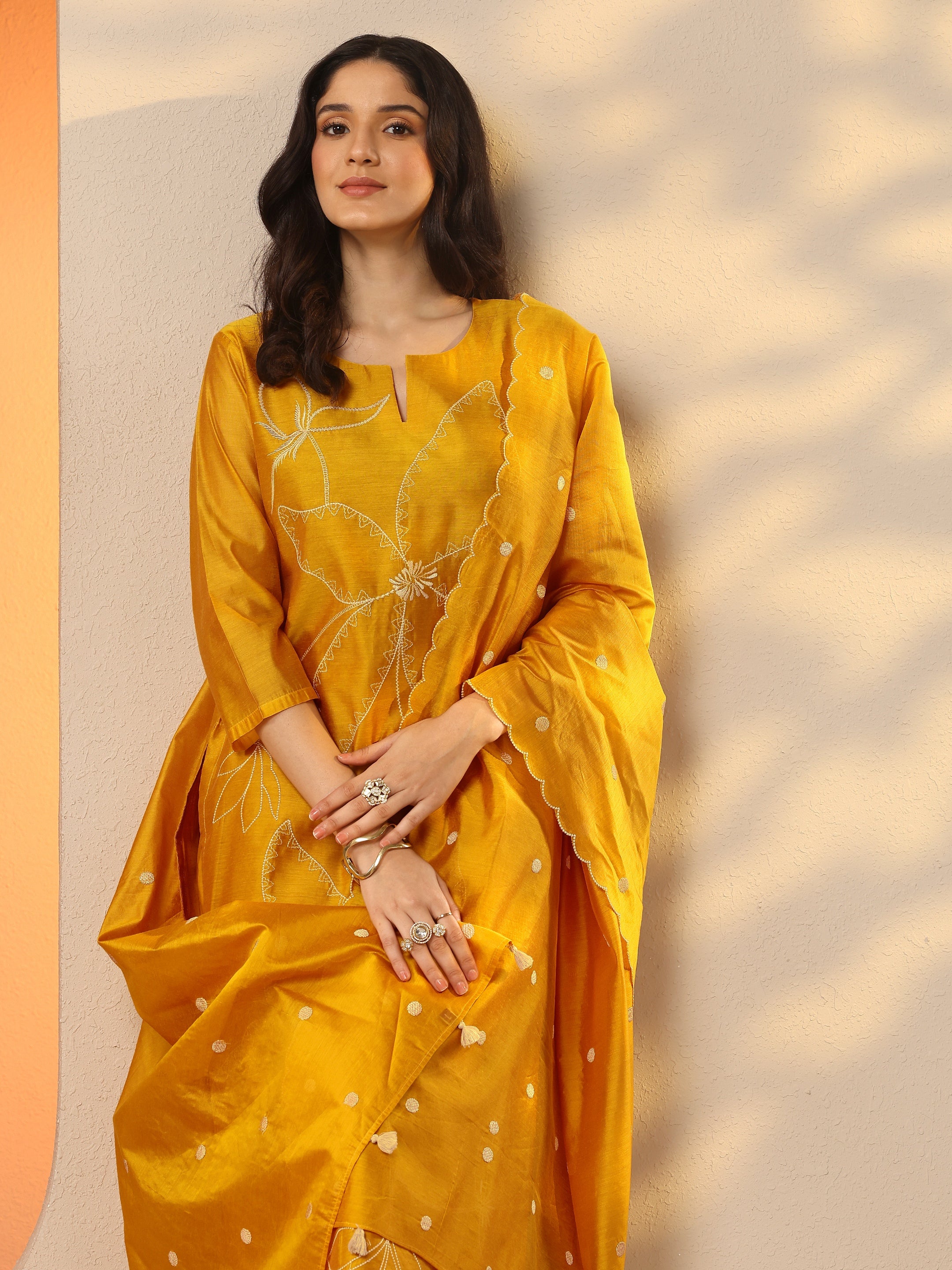 libas Mustard Embroidered Silk Blend Straight Suit Set With Dupatta-picture-36