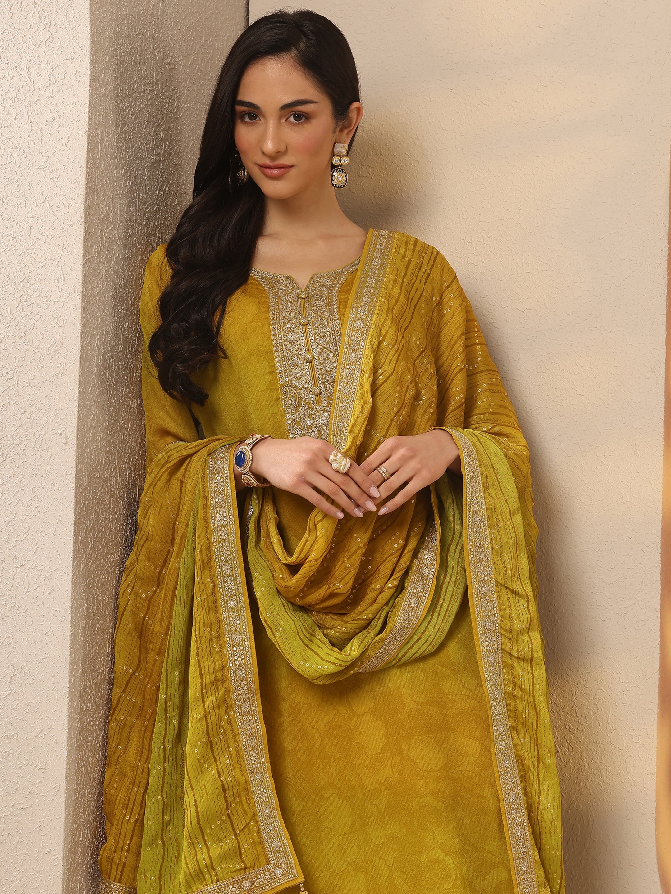 libas Mustard Embroidered Silk Blend Straight Suit Set With Dupatta-picture-55