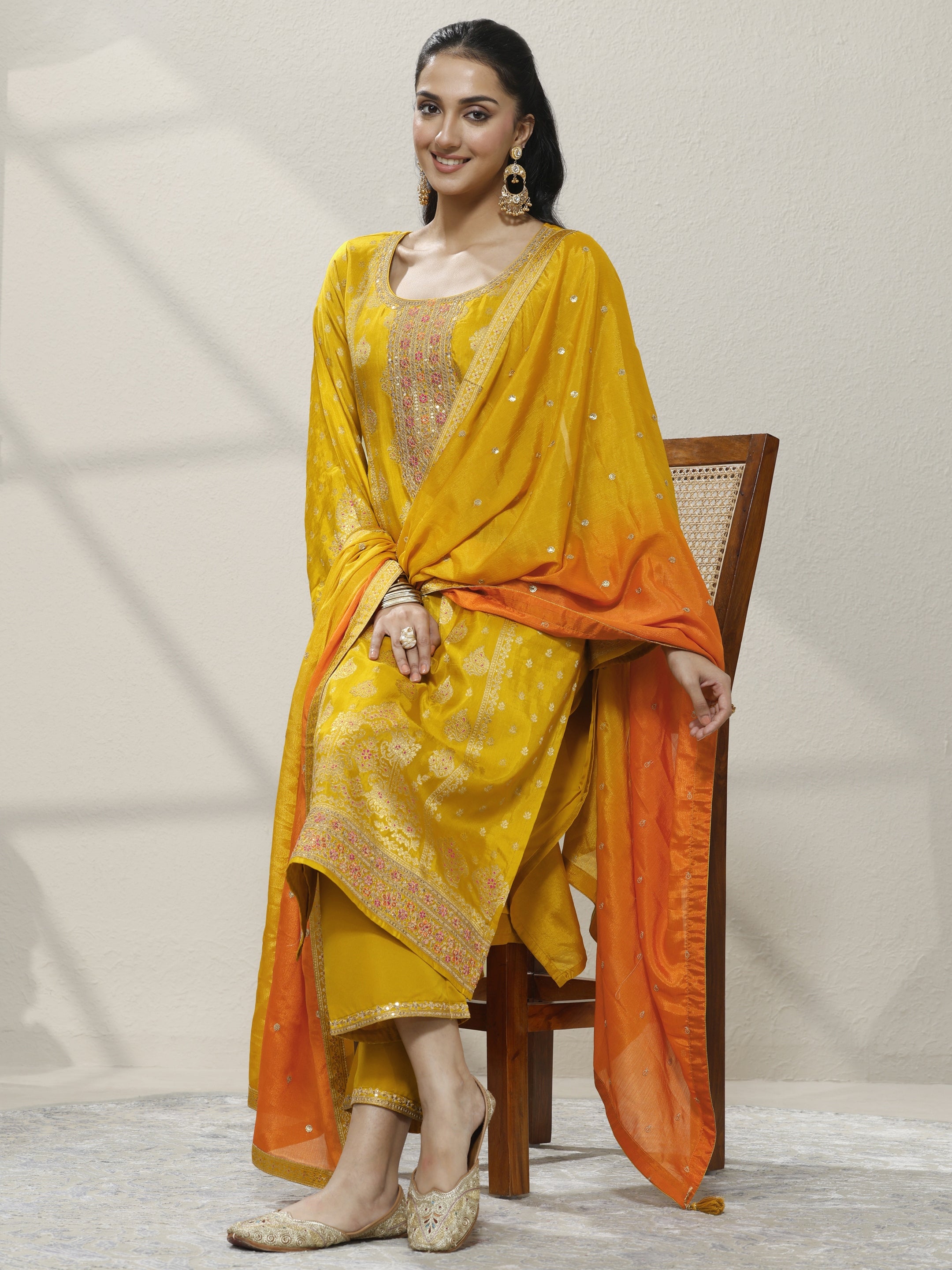 Mustard Embroidered Silk Blend Straight Suit Set With Dupatta-image-30
