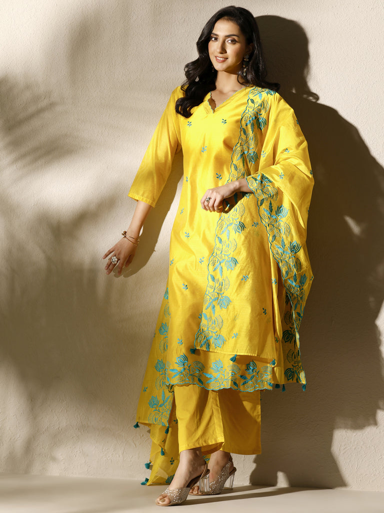 Libas Mustard Embroidered Silk Blend Straight Suit Set With Dupatta