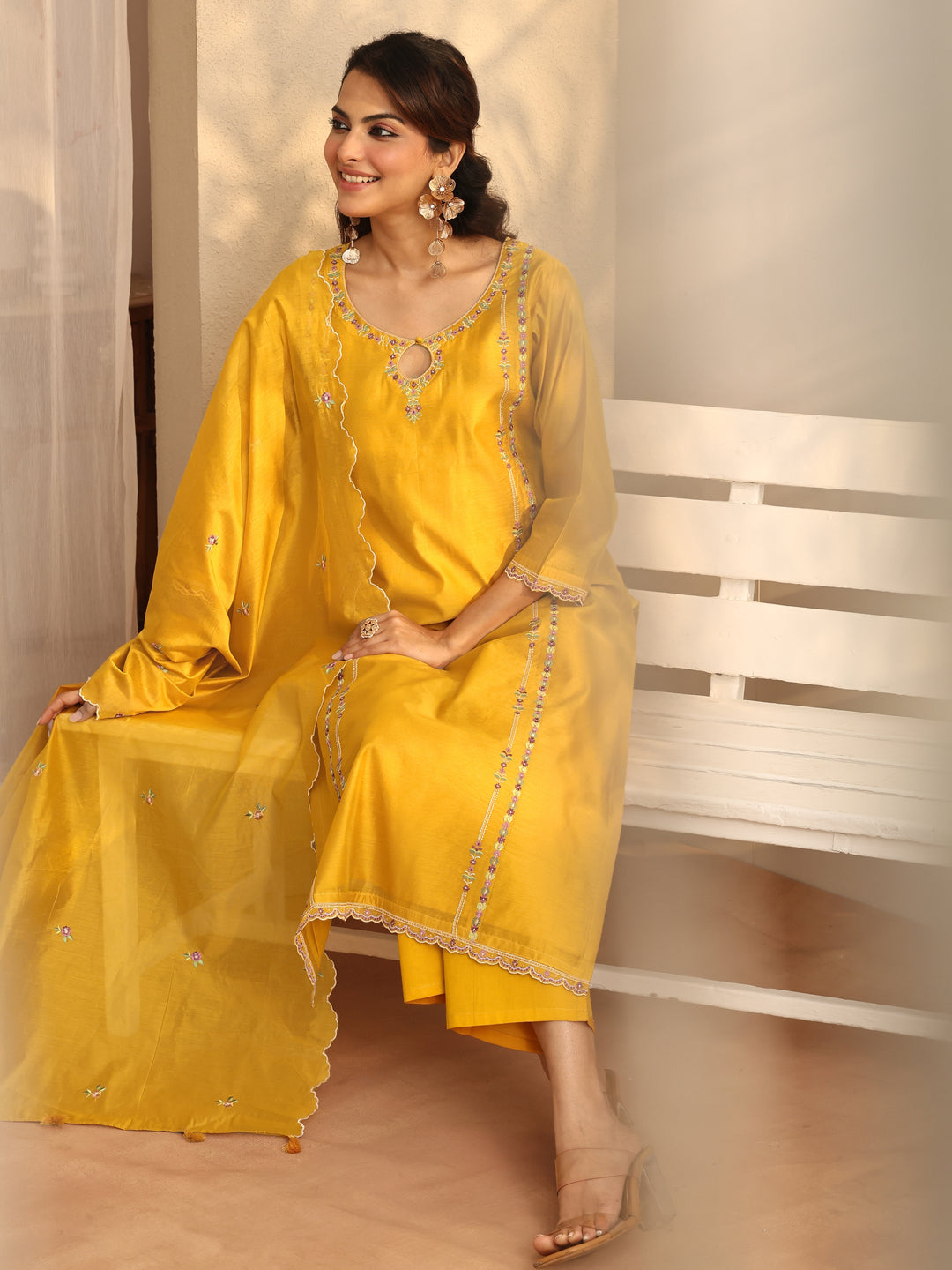 Mustard Embroidered Silk Blend Straight Suit Set With Dupatta