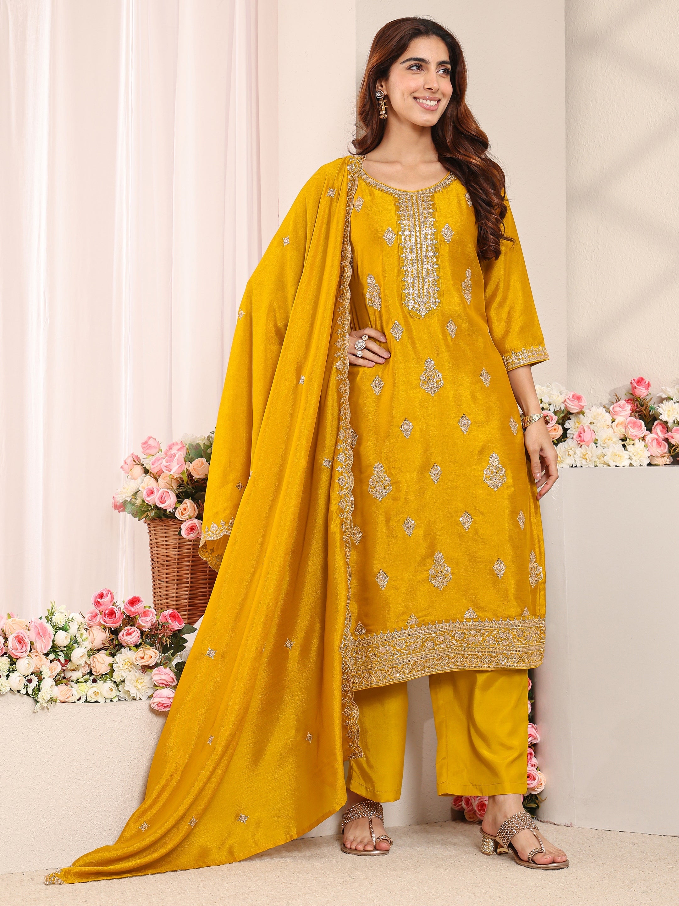 Libas Mustard Embroidered Silk Blend Straight Suit Set With Dupatta-picture-30