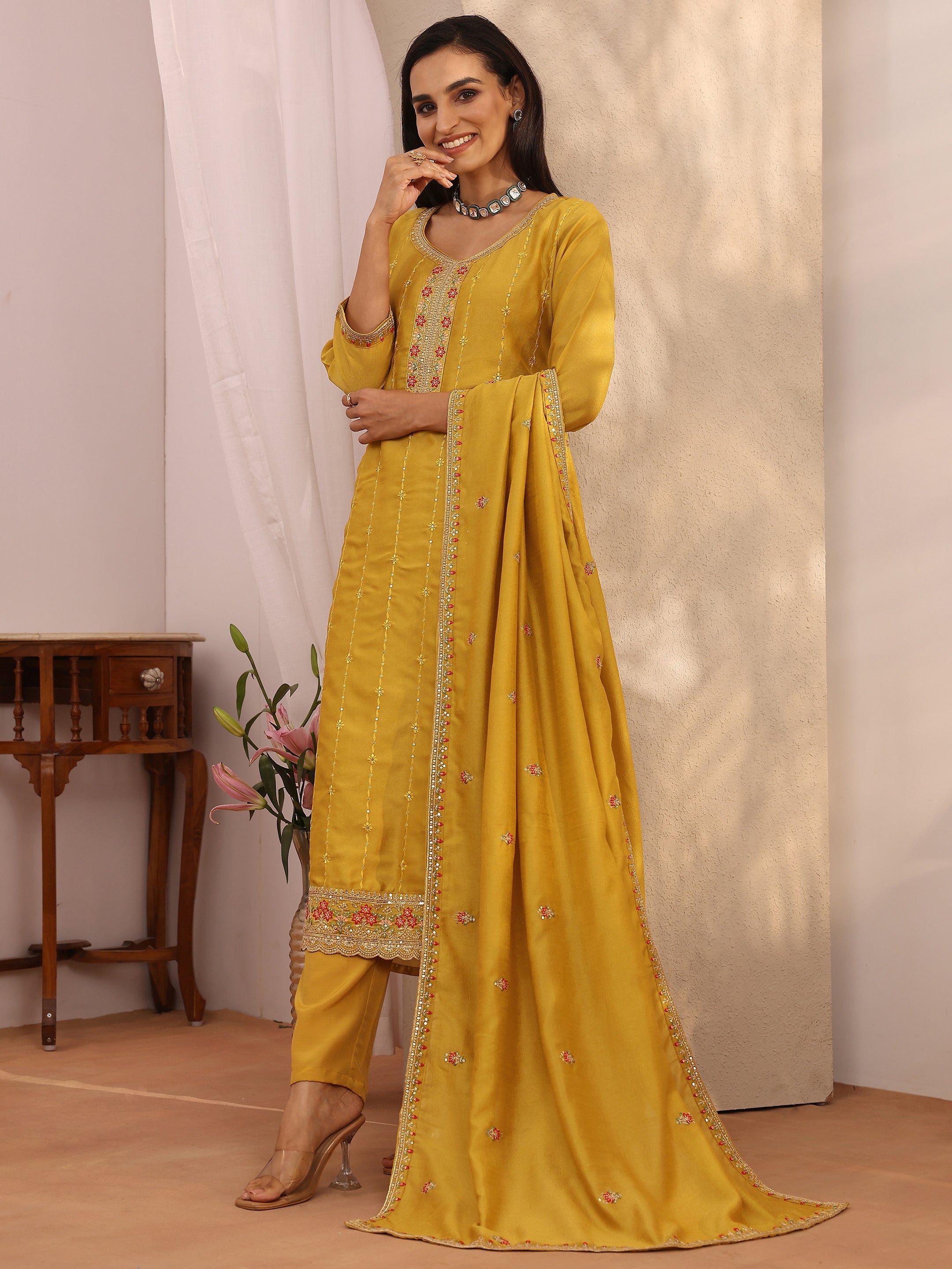libas Mustard Embroidered Silk blend Straight Suit Set With Dupatta-picture-61