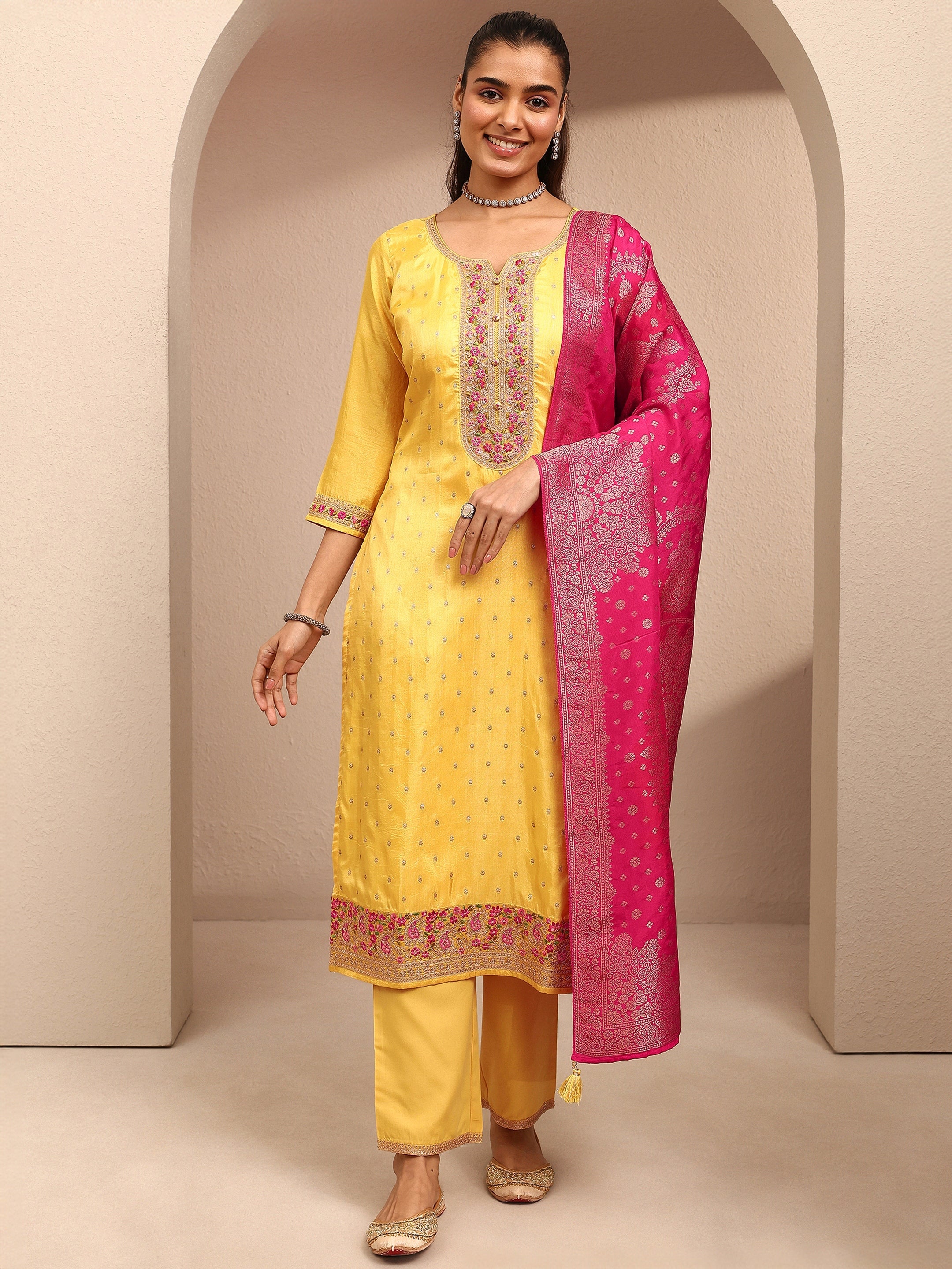 Mustard Embroidered Silk Blend Straight Suit Set With Dupatta-image-41