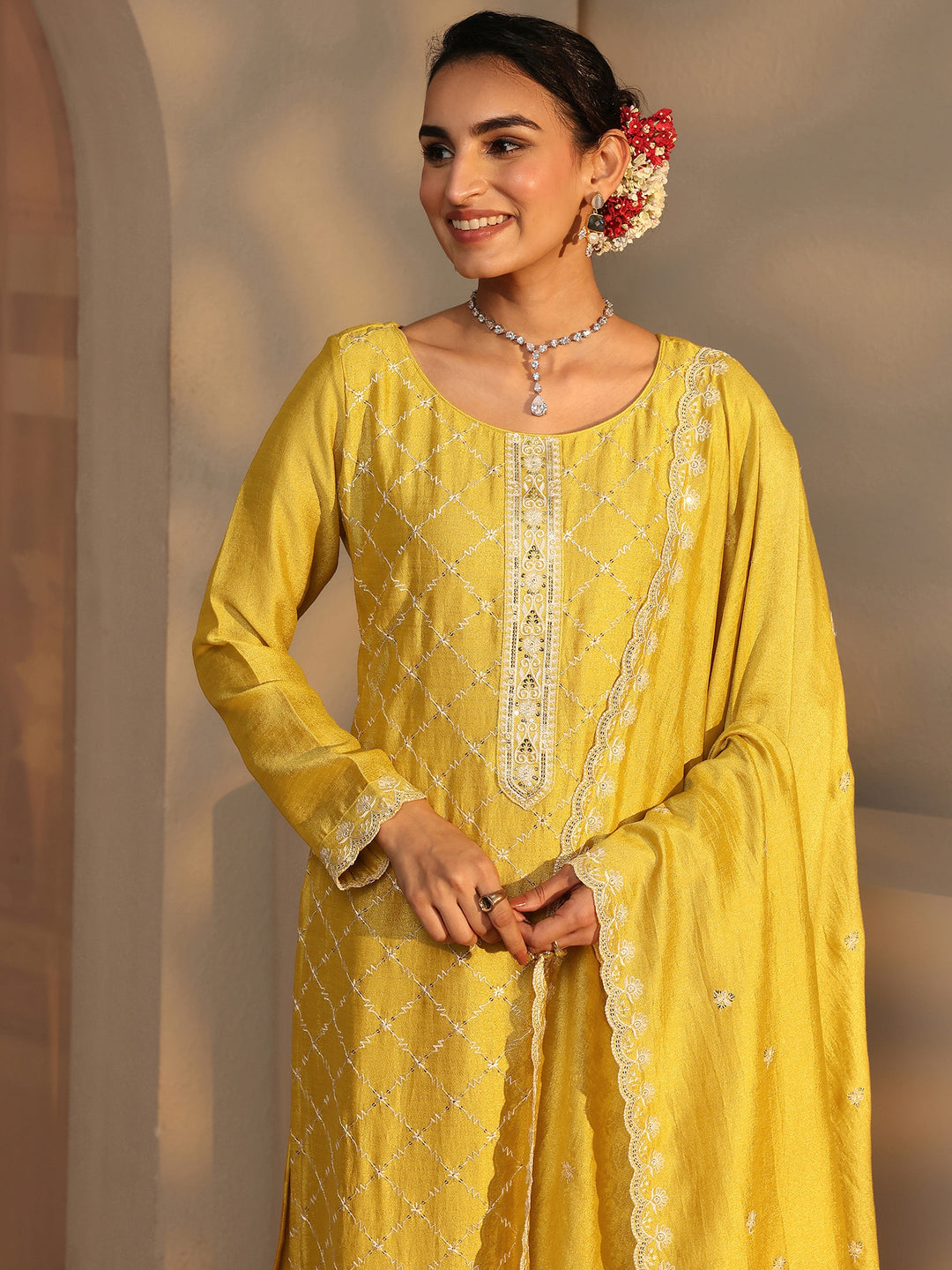 Mustard Embroidered Silk Blend Straight Suit Set With Dupatta