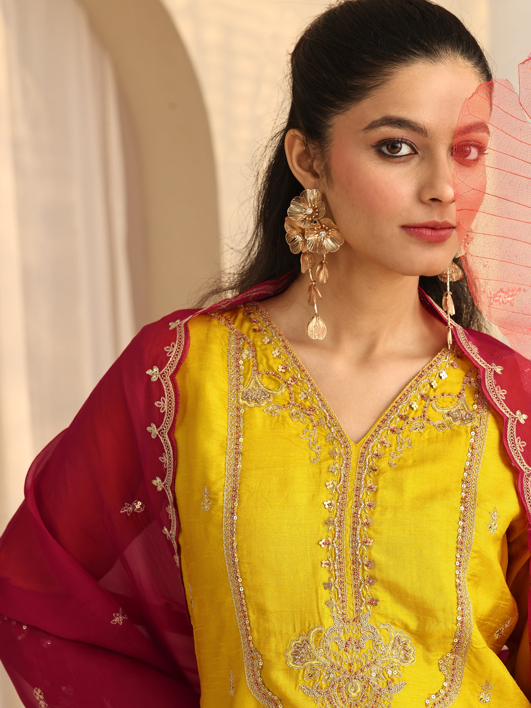 Mustard Embroidered Silk Blend Straight Suit Set With Dupatta