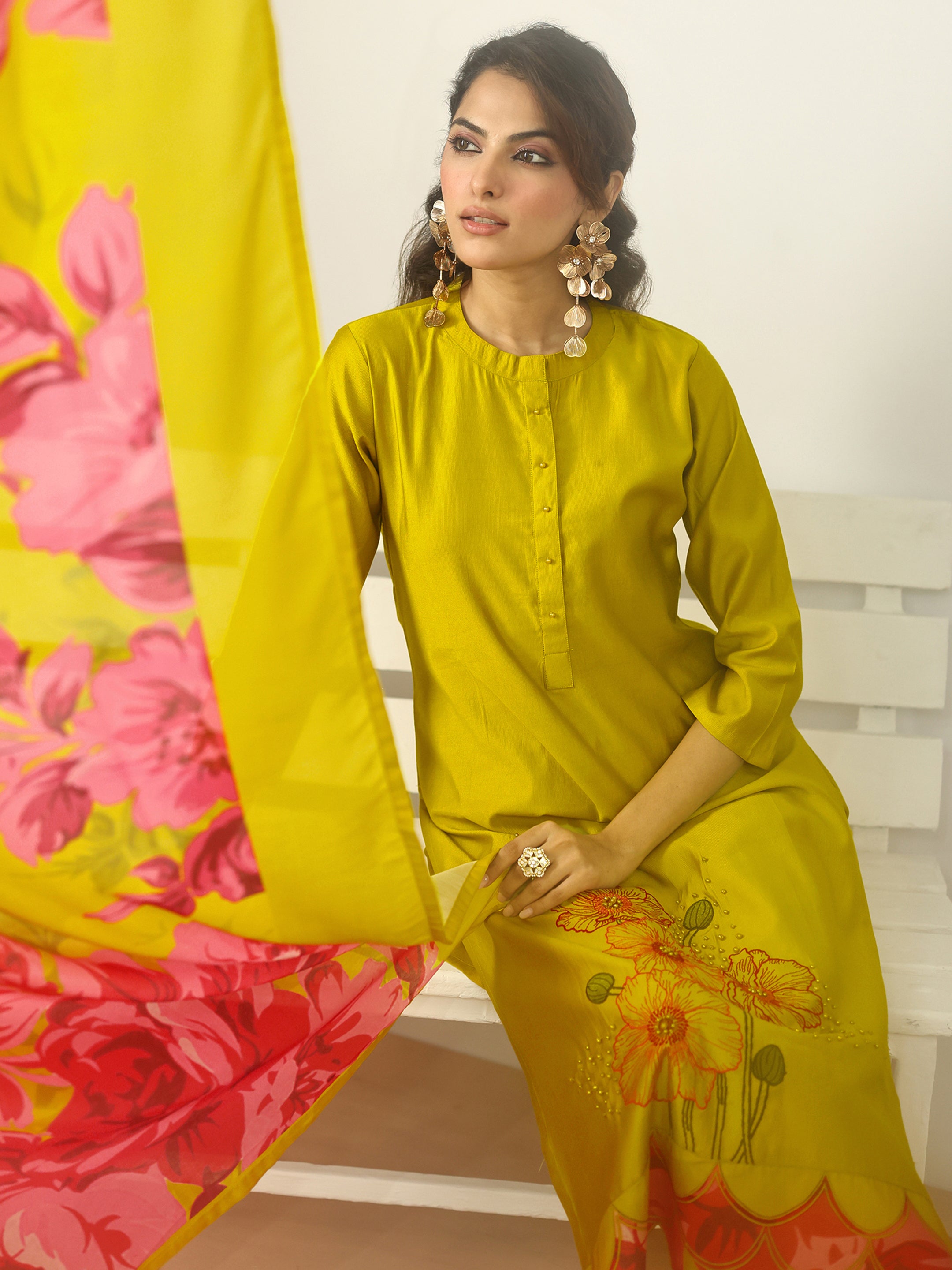 libas Mustard Embroidered Silk blend Straight Suit Set With Dupatta-picture-32