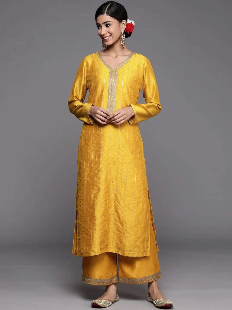 Libas Mustard Embroidered Silk Straight Kurta