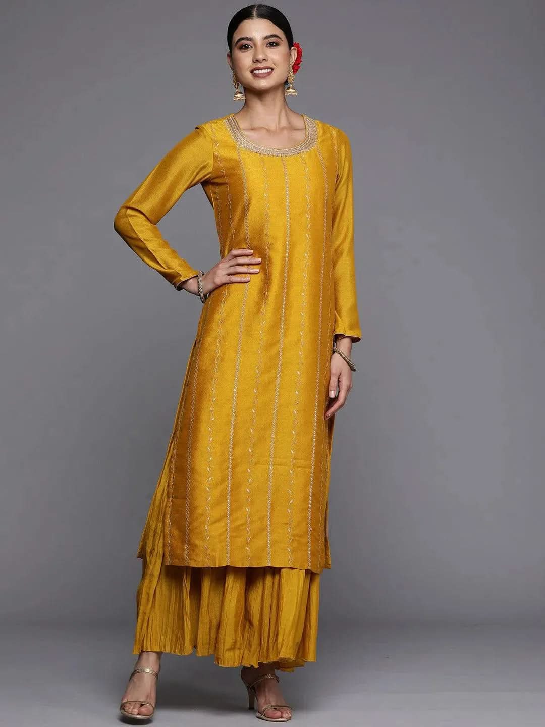 

Mustard Embroidered Silk Straight Kurta