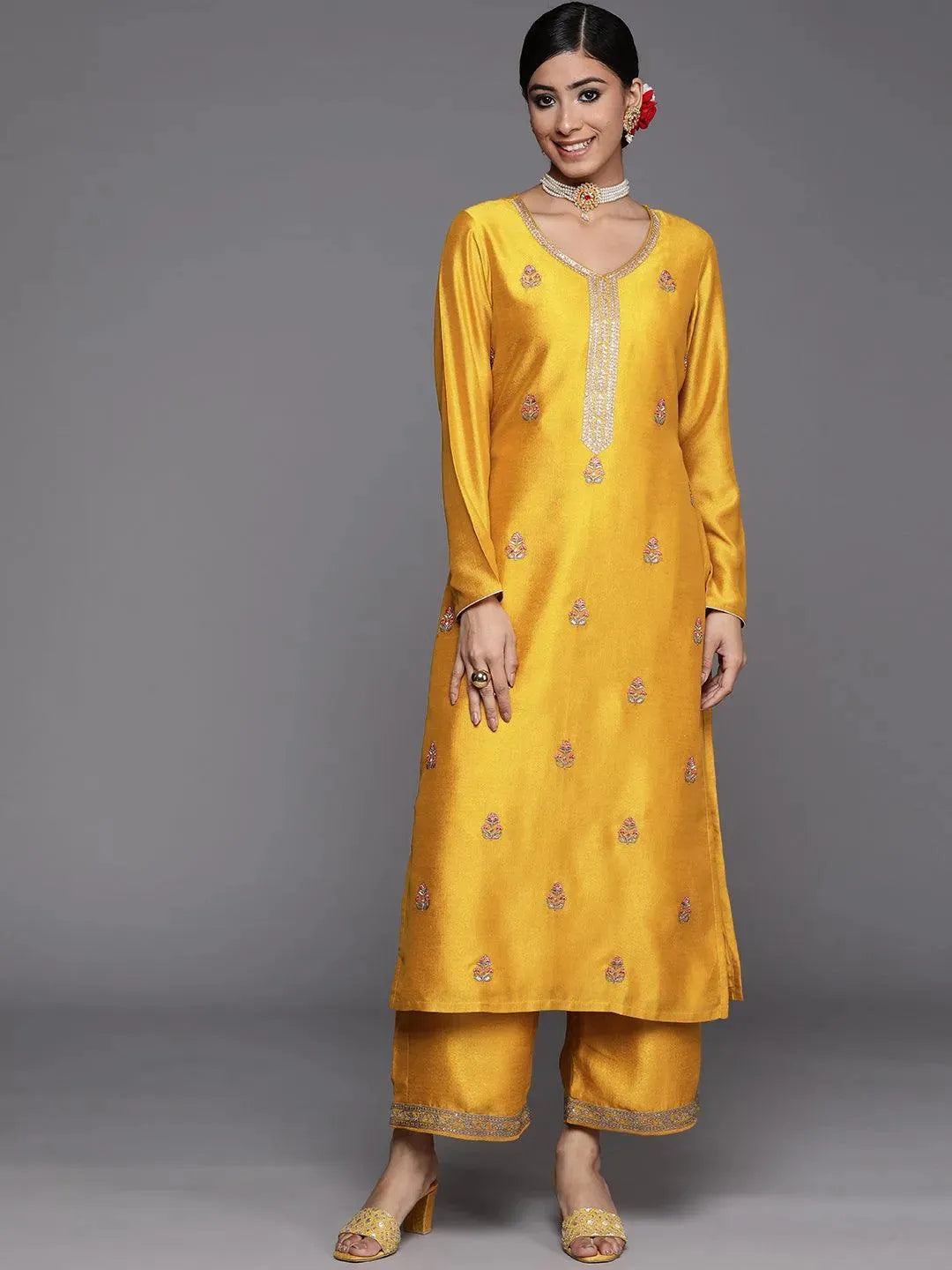 Mustard Embroidered Silk Straight Kurta - Libas 