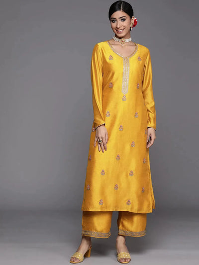 Mustard Embroidered Silk Straight Kurta - Libas