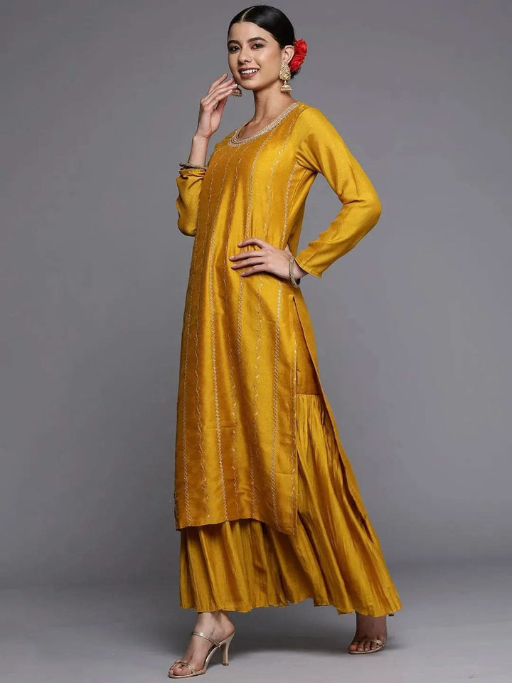 Mustard Embroidered Silk Straight Kurta - Libas