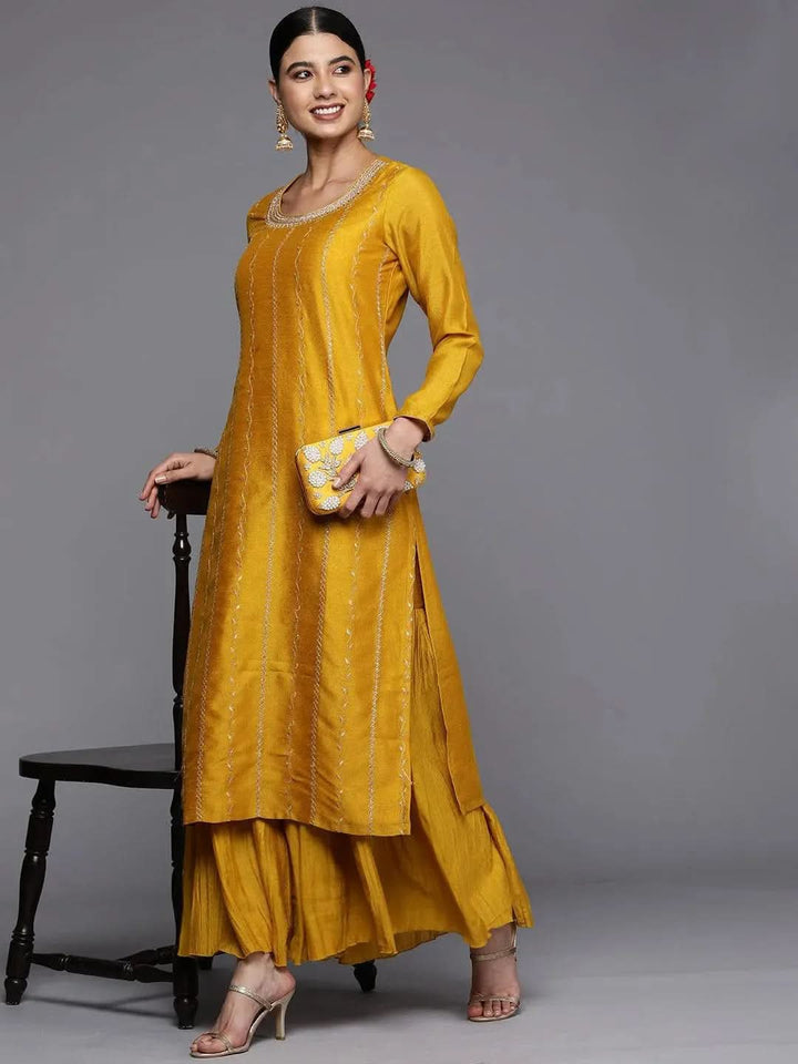 Mustard Embroidered Silk Straight Kurta - Libas