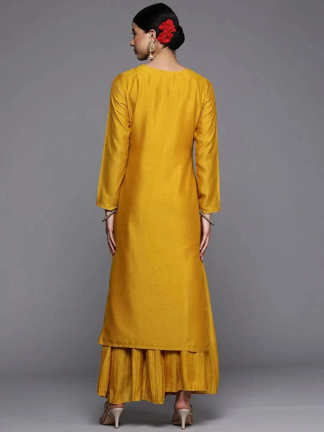 Mustard Embroidered Silk Straight Kurta - Libas 