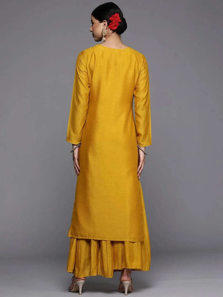 Mustard Embroidered Silk Straight Kurta - Libas