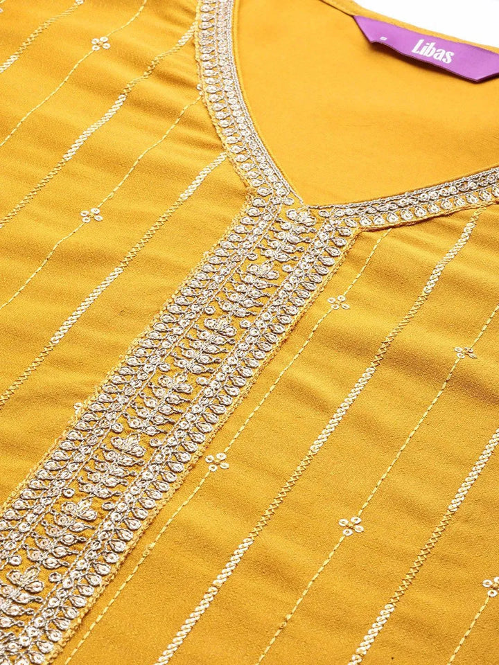 Mustard Embroidered Silk Straight Kurta - Libas