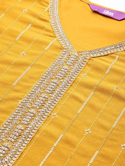 Mustard Embroidered Silk Straight Kurta - Libas