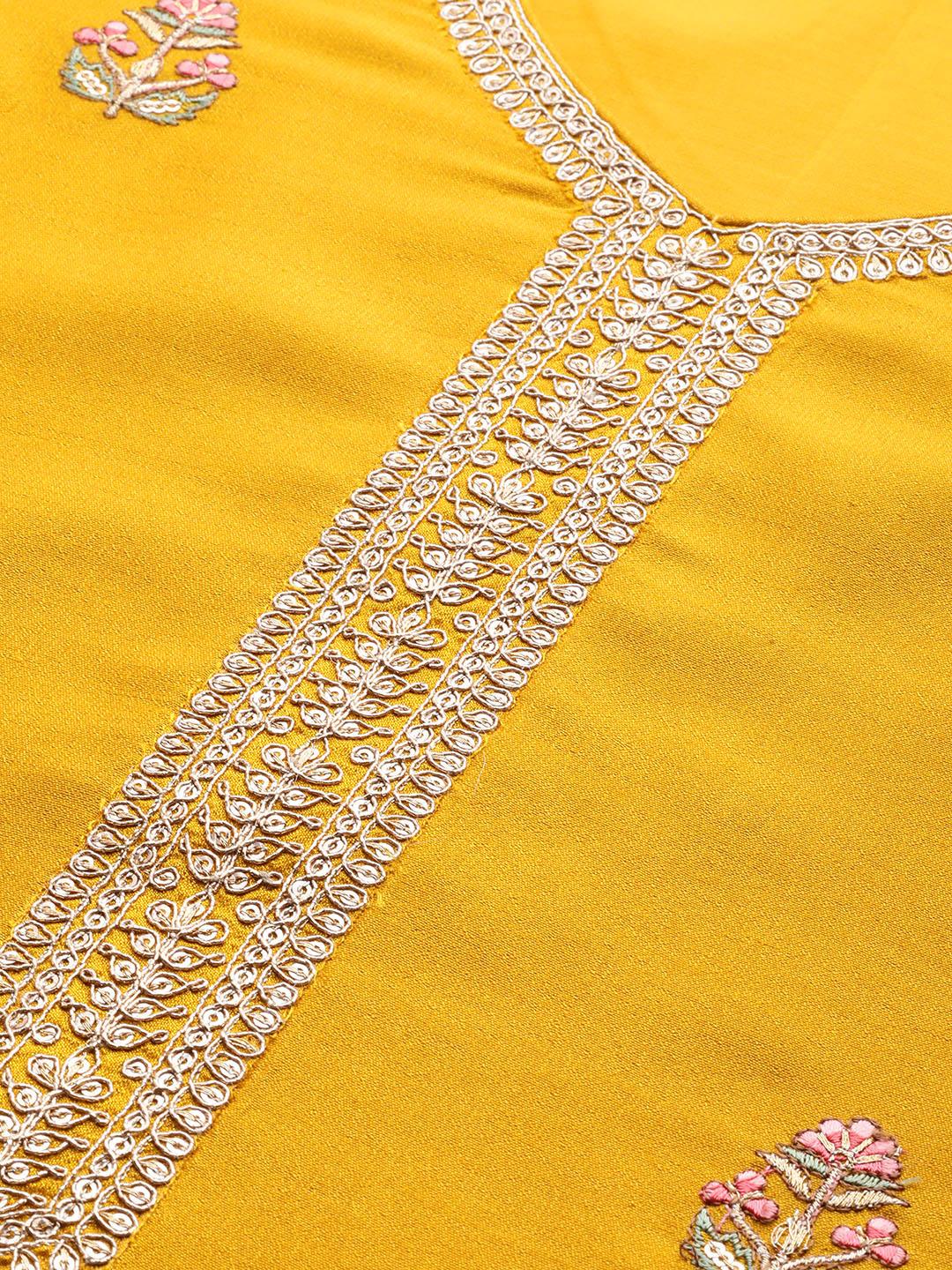 Mustard Embroidered Silk Straight Kurta - Libas