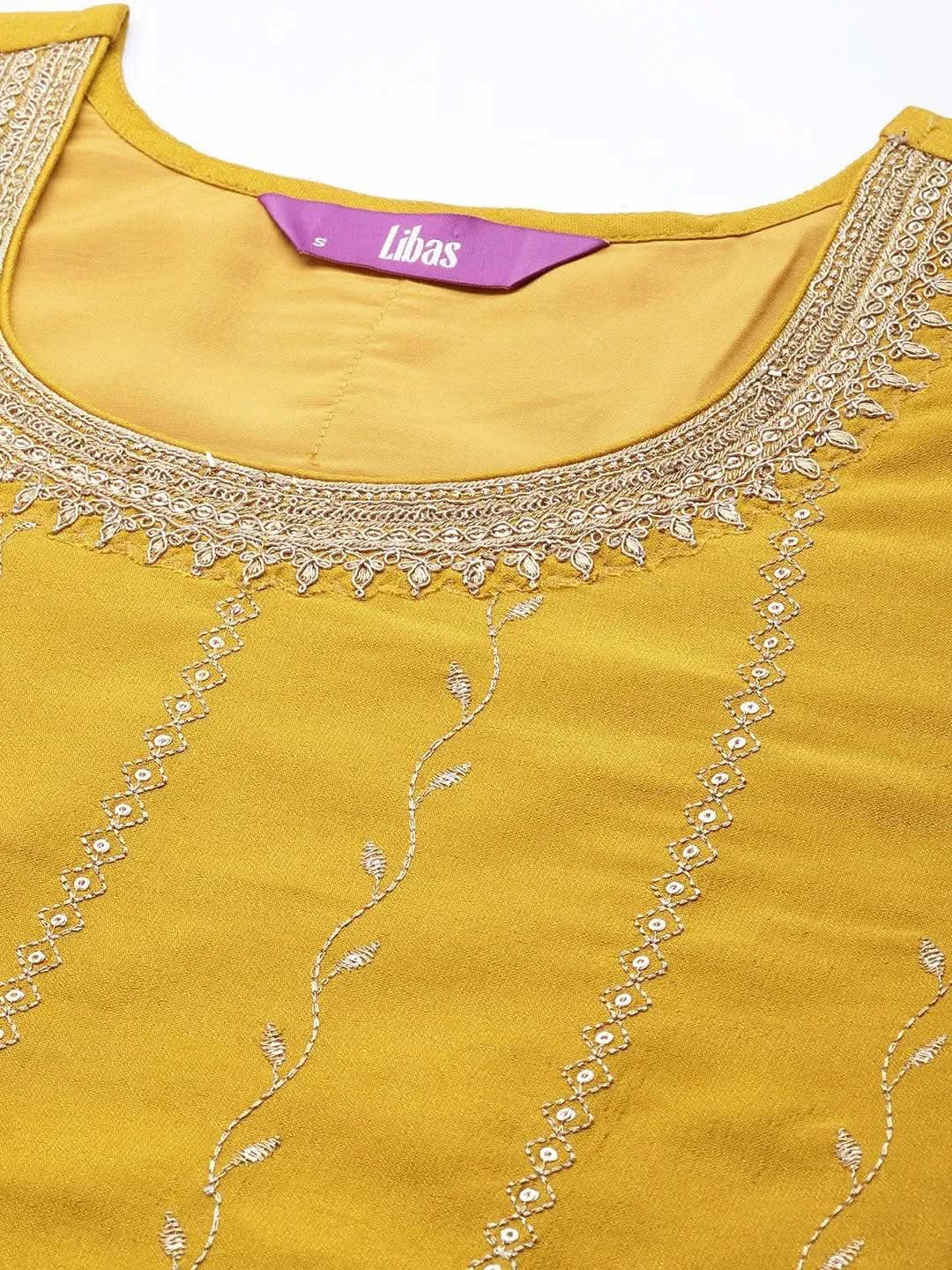 Mustard Embroidered Silk Straight Kurta - Libas 