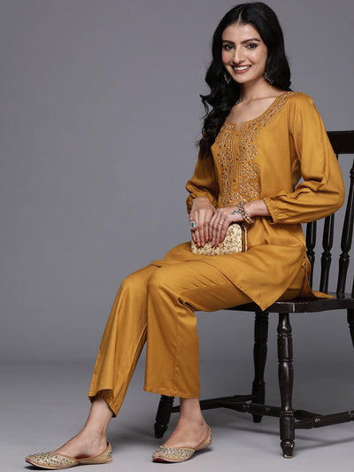 Mustard Embroidered Wool Blend Tunic With Trousers - Libas