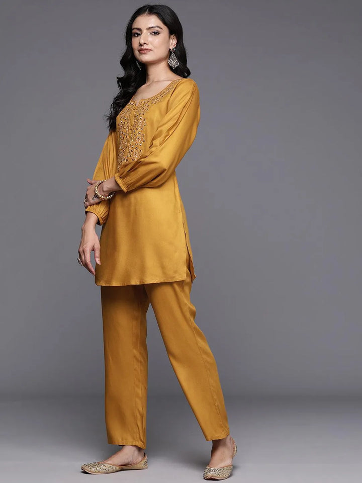 Mustard Embroidered Wool Blend Tunic With Trousers - Libas