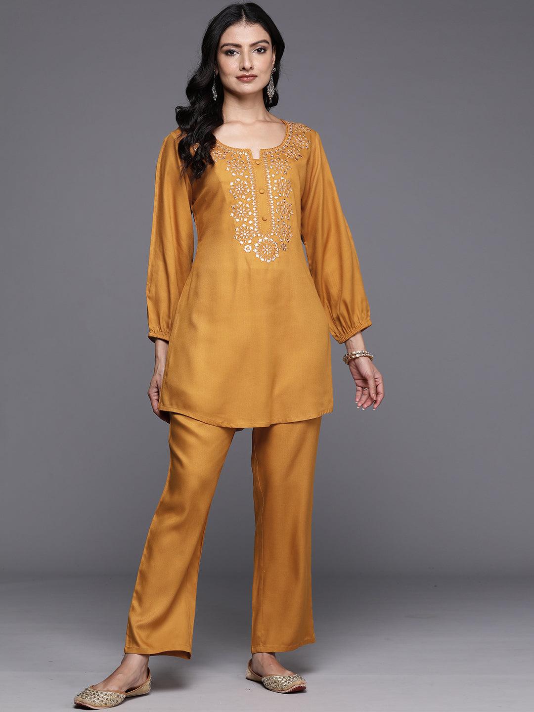 Mustard Embroidered Wool Blend Tunic With Trousers - Libas
