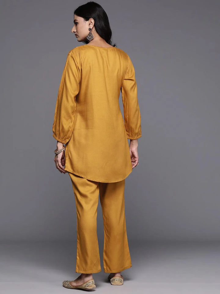 Mustard Embroidered Wool Blend Tunic With Trousers - Libas