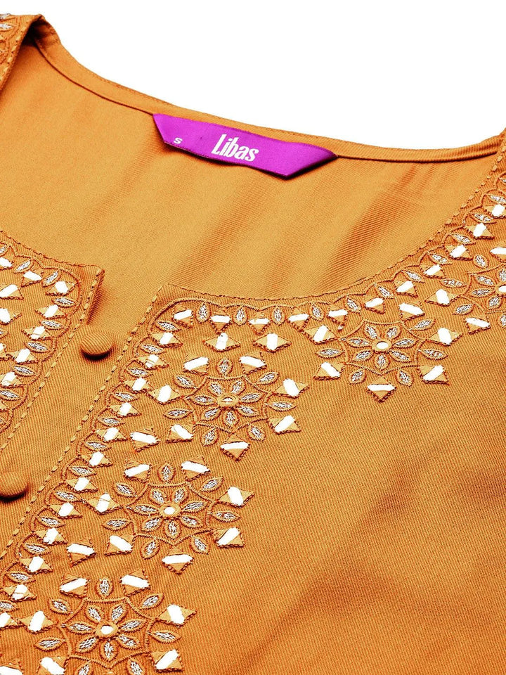 Mustard Embroidered Wool Blend Tunic With Trousers - Libas