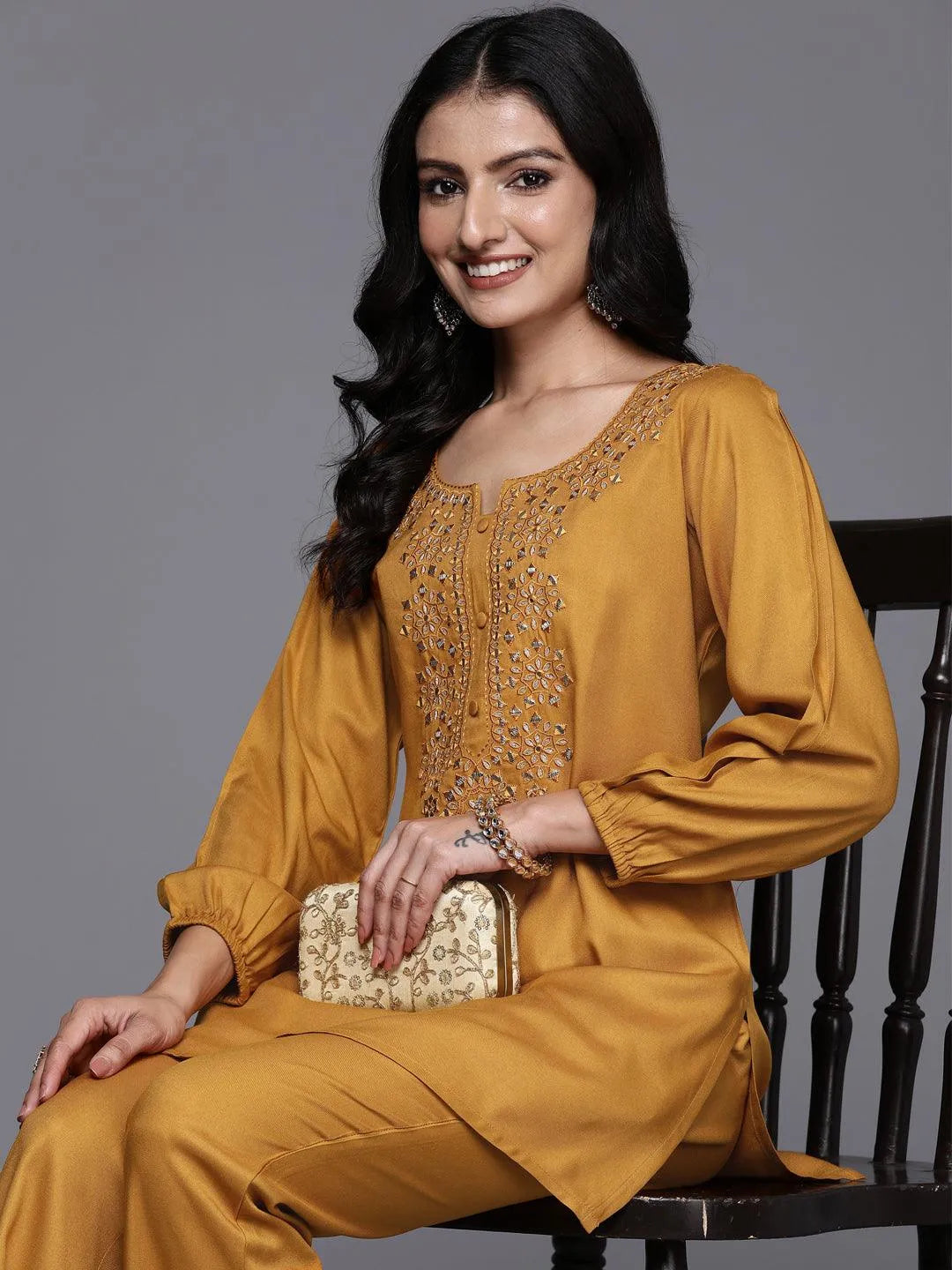 Mustard Embroidered Wool Blend Tunic With Trousers - Libas 